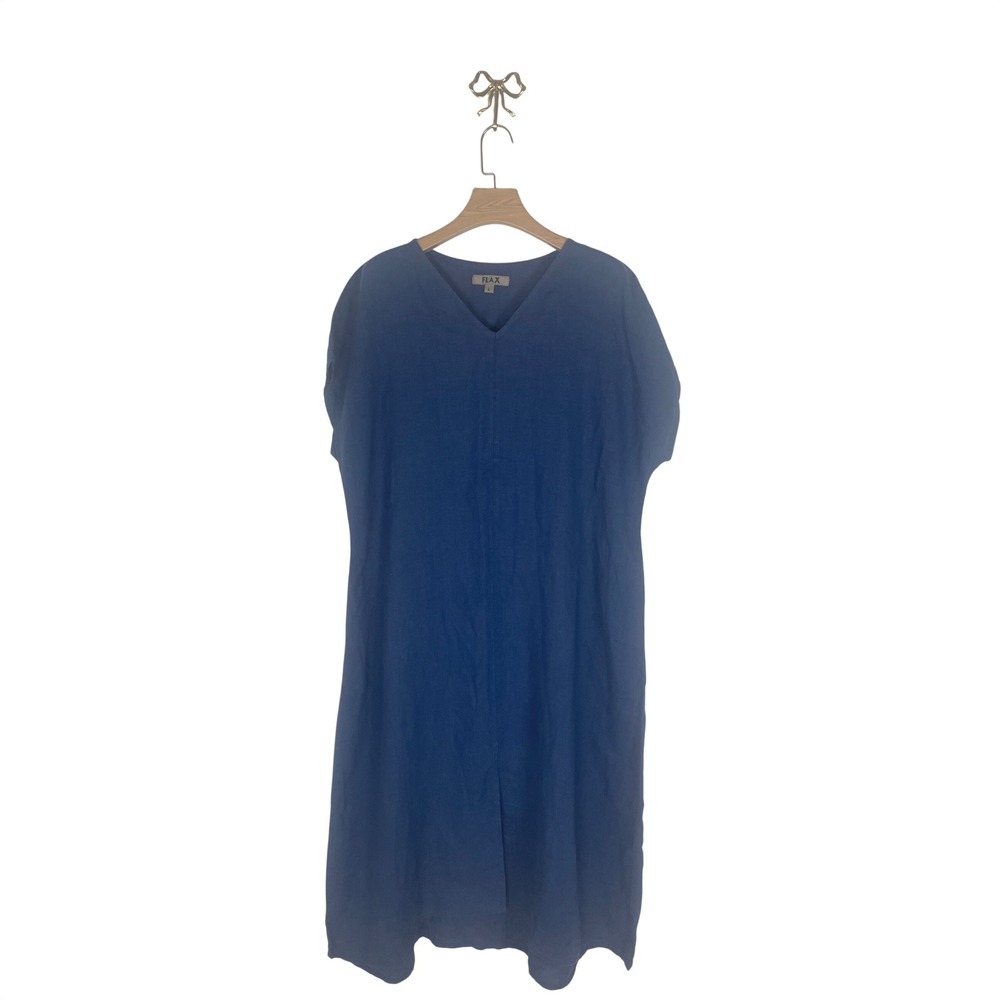 FLAX Tara Maxi Dress Dreft Blue 100% Linen V-Neck Short Sleeve Oversized Large - Picture 2 of 6